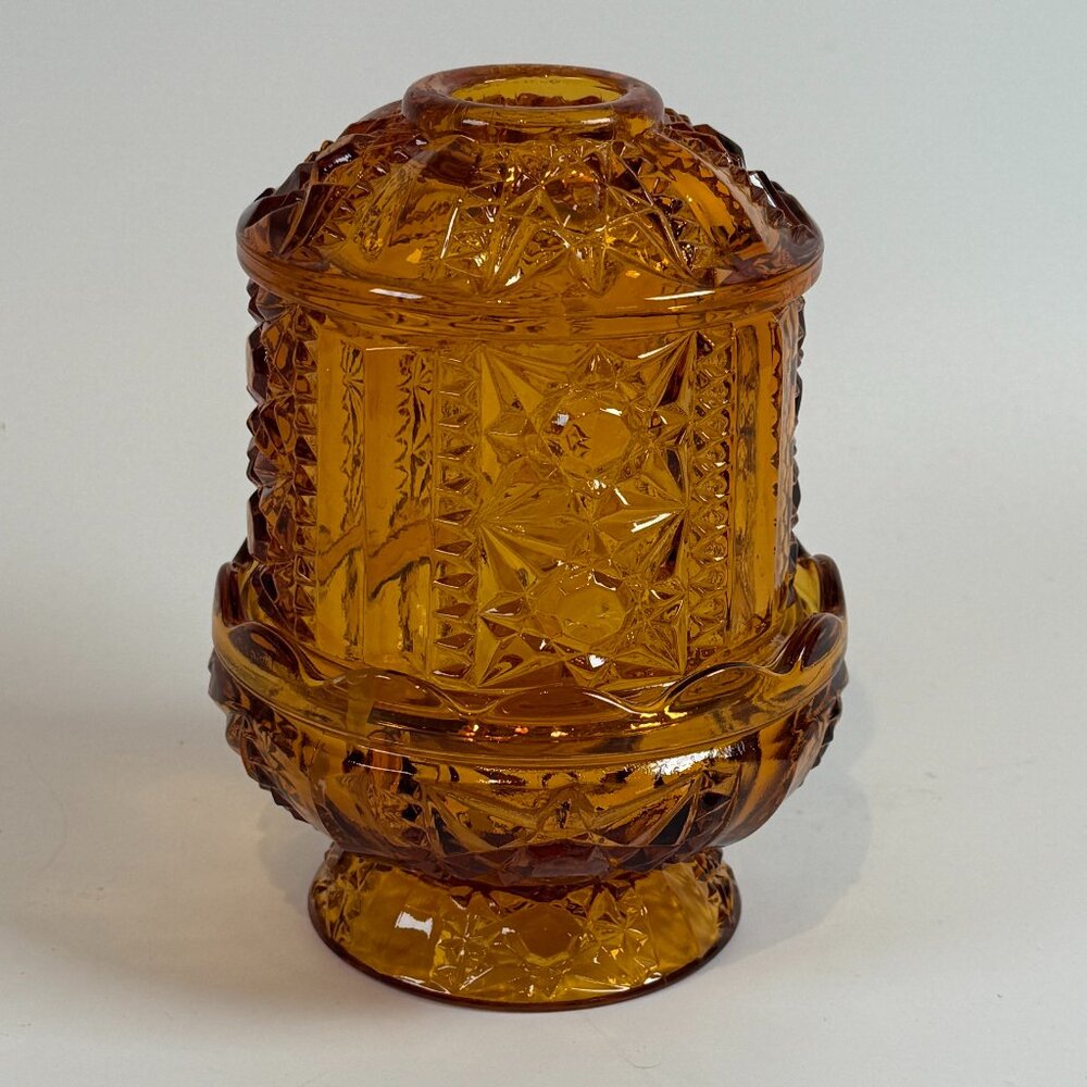 Vintage Indiana Glass Stars and Bars Amber Fairy Lamp 2 Piece Top and Bottom